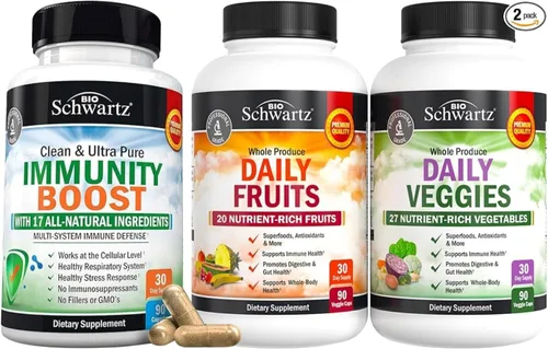BioSchwartz Suplemento diario de frutas y verduras para mujeres y hombres (suministro de 1 mes) más suplemento de apoyo inmunológico 17 en 1 con