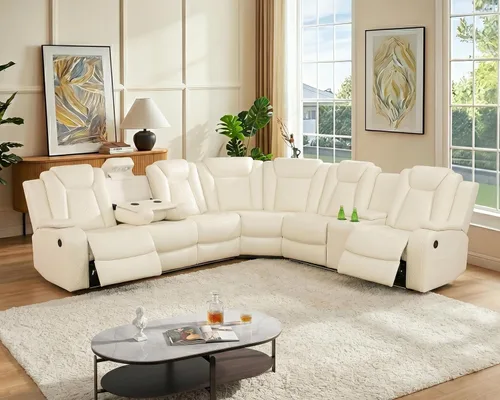 Miniatura 9 de Breathing Leather Sectional Sofa with Dual Power Recliner, 6 Seater L Shaped Reclining Couch for Living Room, Sectional Couch with Reading Lamp/USB