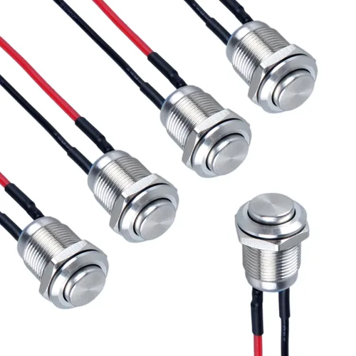 Miniatura 10 de 5 piezas 12 mm Interruptor de botón de cierre con cabeza elevada ON-Off normalmente abierto con cable presoldado, carcasa de aleación de aluminio