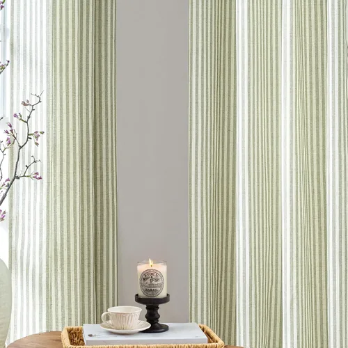 Miniatura 6 de JINCHAN Cortinas de lino para sala de estar o dormitorio, con estampado a rayas verde salvia sobre beige, rayas delgadas que filtran la luz