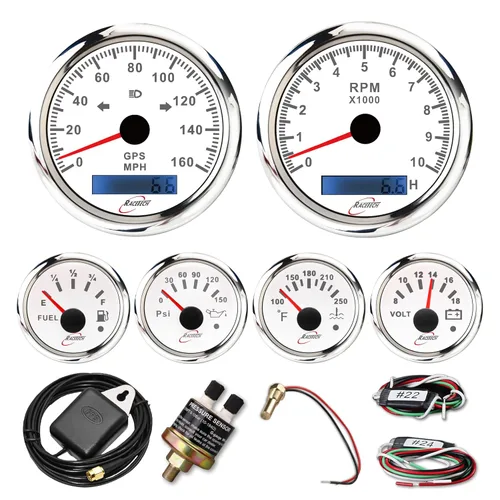 RACETECH Juego de 6 Instrumentos – Velocímetro GPS de 85mm (3-3/8") 256 km/h Indicadores & Tacómetro 10000 RPM – Calibres de 52mm (2-1/16") de 90°