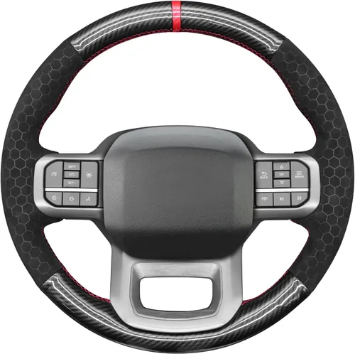 Miniatura 30 de MEWANT Funda de volante de automóvil brillante de fibra de carbono y gamuza cosida a mano para Ford F-150 2021-2023 / F-150 Lightning 2022-2023