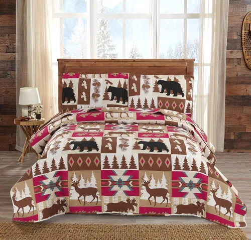 Miniatura 15 de Ycosy Juego de Edredón Rústico Lodge con Alce Ciervo Colcha Tamaño King Oso del Bosque Ciervo Edredón Verde Matcha Reversible Cubrecamas de Cabaña