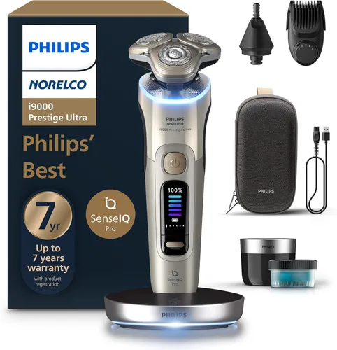 Philips Norelco Shaver i9000 Prestige Ultra, afeitadora eléctrica en seco y húmedo, oro blanco, tecnología SenseIQ Pro, sistema de triple elevación