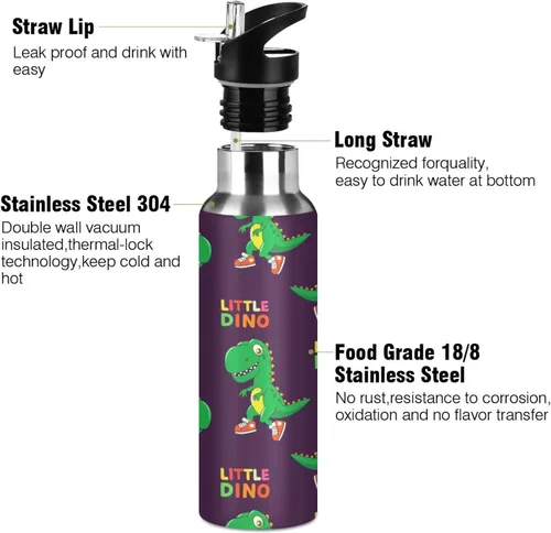 Miniatura 3 de Insulated Stainless Steel Water Bottle with Straw 20 Oz, BPA-Free Sport Water Bottle Insulated for Gym Outdoor Travel School, Cute Green Cartoon