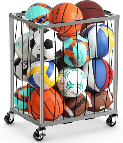 Miniatura 8 de TomCare Estante de almacenamiento rodante para pelotas de garaje, soporte de baloncesto de gran capacidad con cuerda elástica