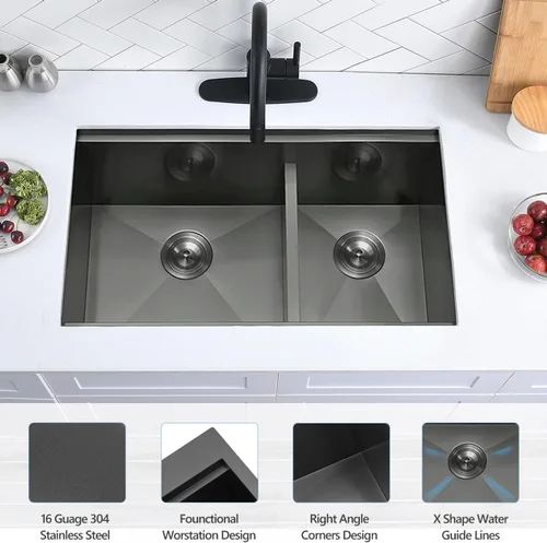 Miniatura 2 de Scamall - Fregadero de cocina doble de 32 pulgadas de montaje bajo encimera color negro, 32 x 19 x 10 pulgadas, acero inoxidable 304 calibre 16