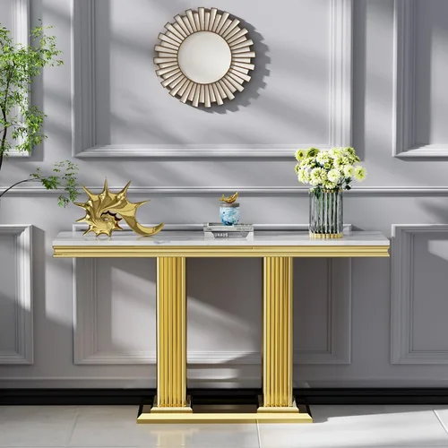 Miniatura 65 de SSLine Mesa de Centro Rectangular de Mármol Sintético para Sala de Estar, Mesa Central Moderna de Mármol Blanco de Lujo con Base Doble en Forma de U