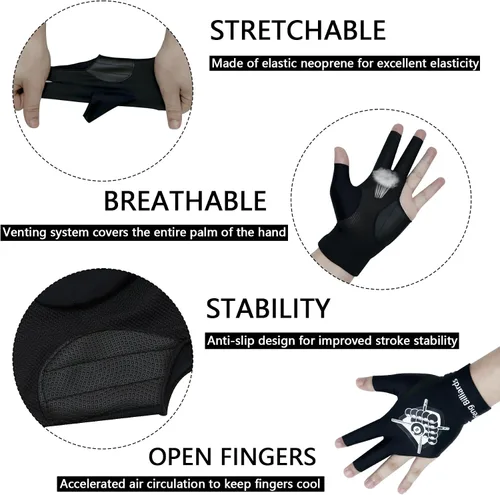 Miniatura 6 de LeFeng - Guantes de billar profesionales para billar, 3 dedos abiertos, para mano izquierda para hombres y mujeres