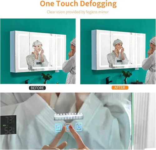 Miniatura 6 de FCH Botiquín LED con espejo inteligente, botiquín de baño de 48 pulgadas de ancho con Bluetooth y altavoz, reloj, pantalla de temperatura ambiente