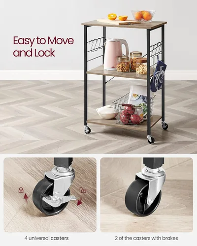 Miniatura 7 de VASAGLE Estante de cocina con ruedas, carrito de servicio de 23.6 pulgadas con 3 estantes, carrito de cocina, estante de microondas, para mini Gris