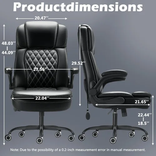 Miniatura 3 de Silla de oficina ejecutiva grande y alta de 450 LBS con brazo abatible, silla de escritorio de computadora de cuero PU resistente, cómoda silla Negro