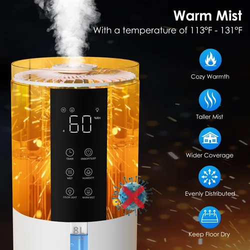 Miniatura 2 de Humidifiers for Bedroom - GloryAir 2.11Gal (8L) Quiet Top Fill Cool & Warm Mist Humidifier Large Room 650 ft² with Humidistat, diffuser, Auto Mode