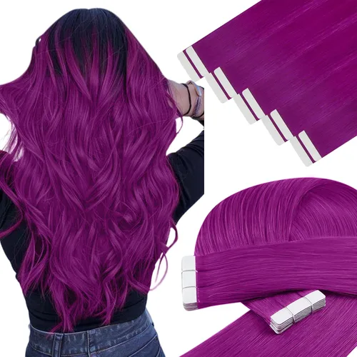 YoungSee - Extensiones de cabello humano con cinta, extensiones de cabello color morado con cinta, 20g, extensiones de cabello teñido con cinta, 12