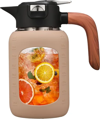 Jarra de vidrio de 64 onzas con tapa y asa, jarra de vidrio para agua caliente/fría, jarra grande de té helado para café, jugo y bebidas caseras