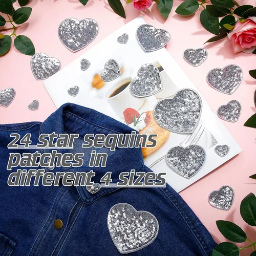 Miniatura 6 de Daifunli 24 parches para planchar con corazón de lentejuelas en 4 tamaños, parches decorativos bordados brillantes para ropa, bolsas, chaquetas