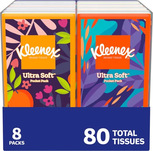Kleenex Pañuelos faciales para llevar, 8 paquetes para llevar, 10 pañuelos por caja, 3 capas (80 en total), el embalaje puede variar