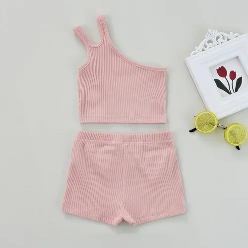 Miniatura 3 de iddolaka Conjunto de dos piezas de algodón con un hombro y pantalones cortos de color sólido, ropa casual de verano