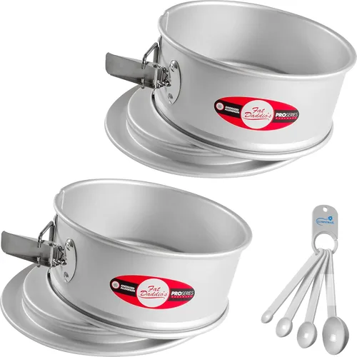 Lumintrail Fat Daddios - Molde desmontable para tartas de 9 x 3 pulgadas, paquete de 2, plateado, con un juego de cucharas medidoras
