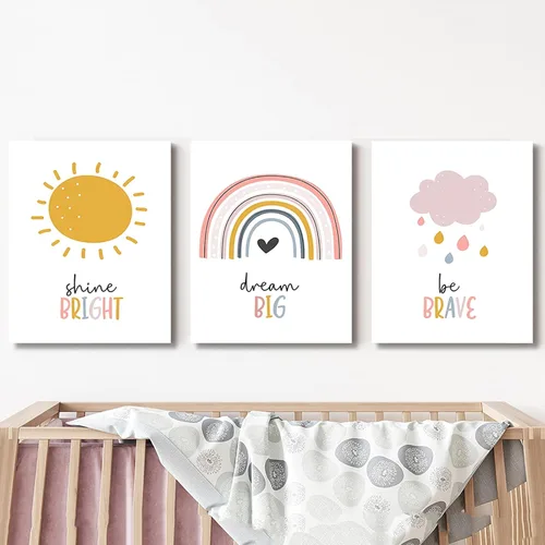 Miniatura 5 de LUHDFYS Arte de pared bohemio para cuarto de bebé, impresión de lienzo grande de ensueño, póster inspirador de nube de sol arcoíris, lienzo envuelto