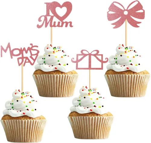 Decoración para cupcakes para el Día de la Madre, 24 piezas con purpurina para fiesta de cumpleaños, suministros de cartón y bambú de primera calidad