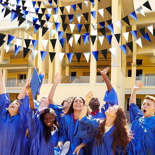 Miniatura 7 de Decoraciones de fiesta de 30 pies azul marino, negro y plateado, bandera triangular azul real, banderín con banderines para graduación, cumpleaños