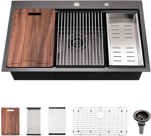 Miniatura 20 de Estación de trabajo de fregadero de cocina de 33 pulgadas - VOKIM 33 x 22 pulgadas, fregadero de cocina de montaje superior de 16 calibre, fregadero