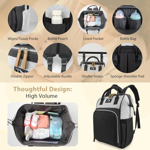 Miniatura 5 de Mochila para pañales para mujer – Bolsa de pañales multifunción de viaje para bebé con cambiador, mochila grande para bebé, niña, niño, Gris negro