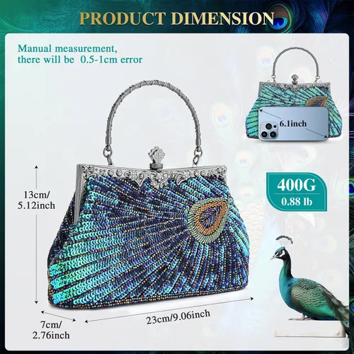 Miniatura 3 de UBORSE Bolsos de embrague de noche de pavo real con lentejuelas con cuentas Bolso de noche vintage Bolso de boda de fiesta de 1920