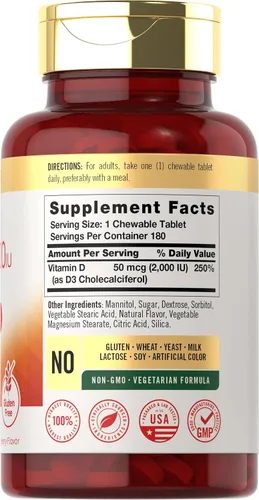 Miniatura 2 de Carlyle Tabletas masticables de vitamina D3 de 2000 UI (50 mcg) 180 unidades Sabor a bayas Vegetariano, sin OMG y sin gluten