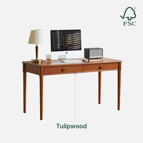 Miniatura 7 de YESWOOD Escritorio de madera maciza con cajones, escritorio de oficina moderno de mediados de siglo, escritorio de computadora con 2 cajones