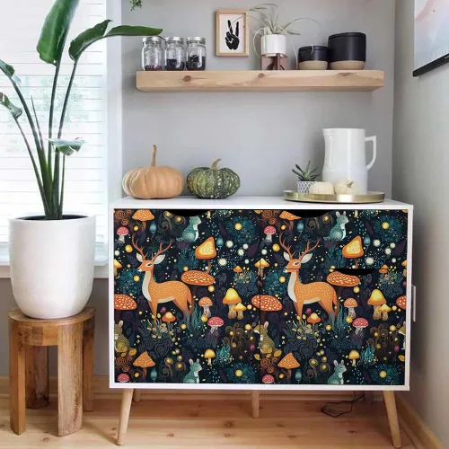 Miniatura 5 de Papel tapiz autoadhesivo de 18 x 236 pulgadas, diseño de hadas, animales, bosque, ciervo, ratón, hongos, hongos, papel de contacto extraíble, papel