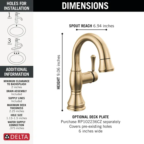 Miniatura 3 de Delta Faucet Cassidy Grifo de Baño Extraíble, Grifo de Baño Extraíble, Grifo de Baño Dorado de Un Solo Orificio con Extraíble, Grifo de Lavabo