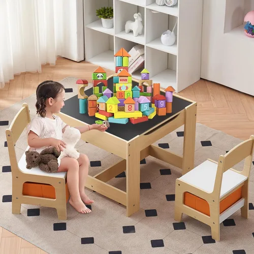 Miniatura 10 de Karl home Juego de mesa y silla 3 en 1, mesa de actividades con almacenamiento, silla de escritorio de madera para niños de 1 a 3 años, mesa