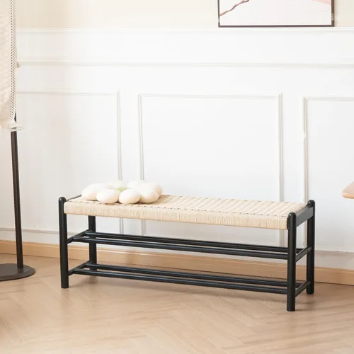 Miniatura 3 de Banco de madera maciza para entrada con almacenamiento para zapatos, diseño rústico en roble y tejido, 39.4 pulgadas de largo, asiento para sala