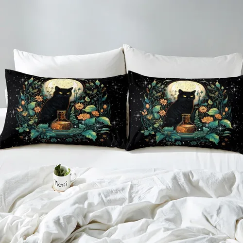 Miniatura 6 de Juego de funda de edredón para niños con diseño de gato lindo, tamaño individual, juego de ropa de cama con hojas de flores, luna, noche y cielo