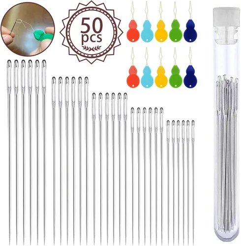 Agujas de ojo grande para coser a mano, 50 agujas de coser de ojos grandes de alta calidad con enhebradores y tubo de almacenamiento, 5 agujas de