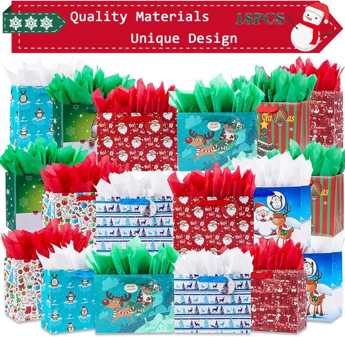 Miniatura 7 de JWSCYSY 18 Pack Bolsas de regalo de papel de Navidad con papeles de seda a granel, bolsas de regalo de Navidad medianas con diseños surtidos