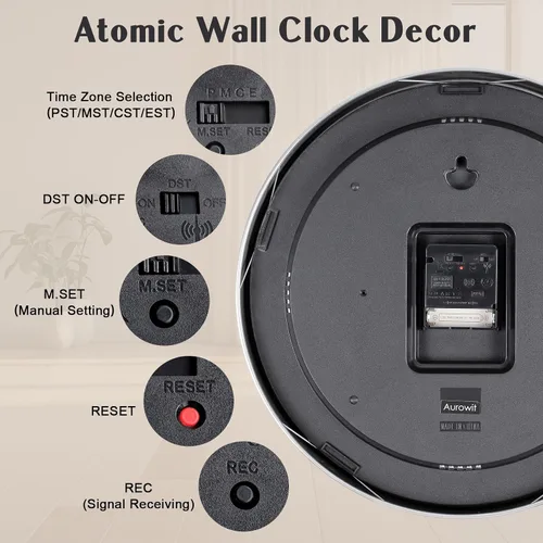 Miniatura 4 de Reloj de pared analógico atómico de 14 pulgadas, funciona con pilas, relojes de pared controlados por radio, juego automático de reloj de pared