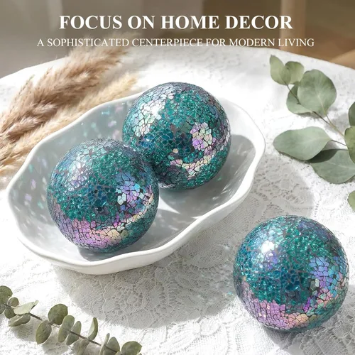 Miniatura 3 de DomeStar Juego de 3 bolas decorativas de 4 pulgadas de turquesa para cuencos, bolas de vidrio para centros de mesa, esfera de mosaico para Multicolor