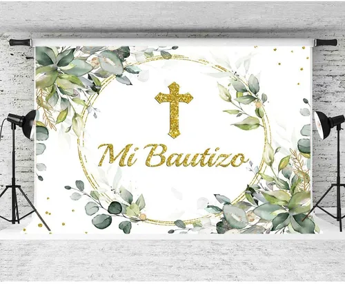 Miniatura 2 de Lofaris Mi Bautizo Telón de fondo de ceremonia de bendición de Dios con hojas verdes, anillo de oro, primera comunión, purpurina dorada, bautismo