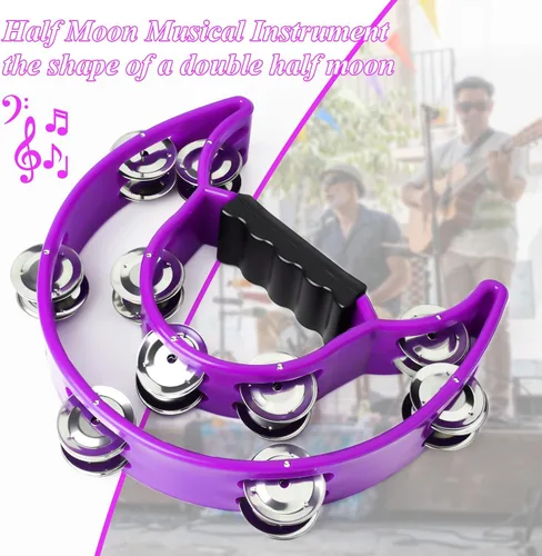 Miniatura 3 de Pandereta de doble fila de metal Jingles Instrumentos musicales de media luna, tamborinas, instrumento musical para adultos de percusión de mano