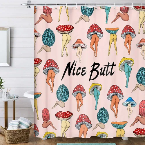 Divertido juego de cortinas de hongo para trasero, cortinas de ducha divertidas y sexys de los 70 y 80, de tela, cortinas de ducha hippies Rosa