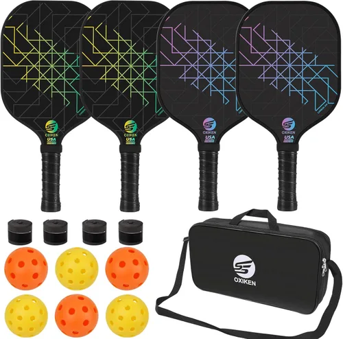 Juego de 4 palas de pickleball aprobadas por USAPA de fibra de carbono (CHS), núcleo de panal de polipropileno, agarre antideslizante que absorbe el