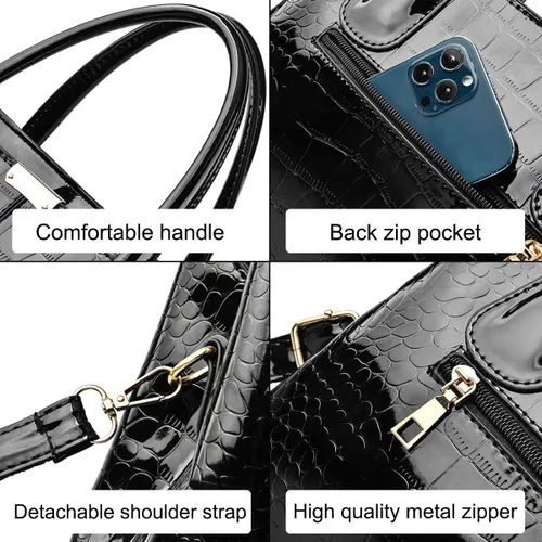 Miniatura 6 de XingChen Bolso de mano y bolso para mujer, de charol, diseño de cocodrilo, con asa superior, cartera