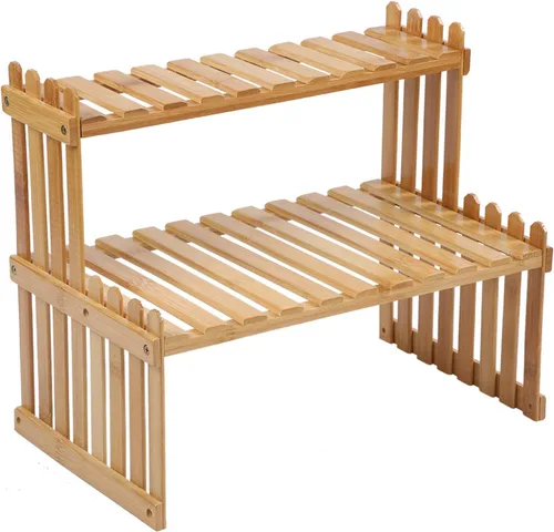 Miniatura 7 de Estante de plantas de bambú de 2 niveles de 14.6"/10.8"/18.5"/22.8", soporte para macetas de flores de escritorio, estante de escritorio ajustable