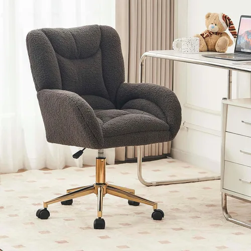 Miniatura 14 de Silla de oficina moderna de terciopelo con base dorada, altura ajustable y giro de 360°, silla de escritorio suave y cómoda con brazos y ruedas