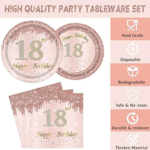 Miniatura 3 de 24 juegos de decoración de fiesta de cumpleaños de oro rosa para niñas de 18 años, platos y servilletas para cumpleaños, suministros de fiesta