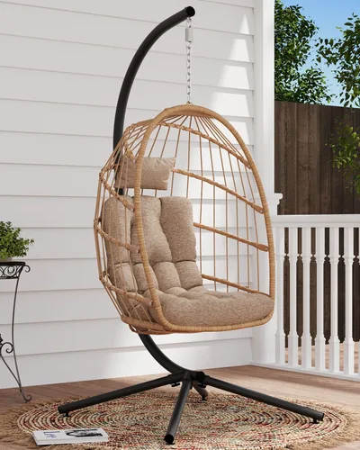 Miniatura 9 de SWITTE Silla de Huevo para Exteriores con Soporte, Silla Columpio Colgante de Mimbre para Interiores con Cojín, Capacidad de 350 libras para Patio