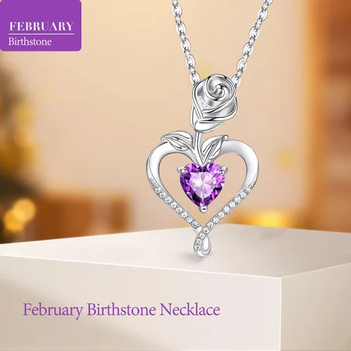 Miniatura 4 de Collares de piedra natal para mujer, a la moda, collar con colgante de corazón de flor de rosa de plata de ley 925, chapado en oro blanco de 14